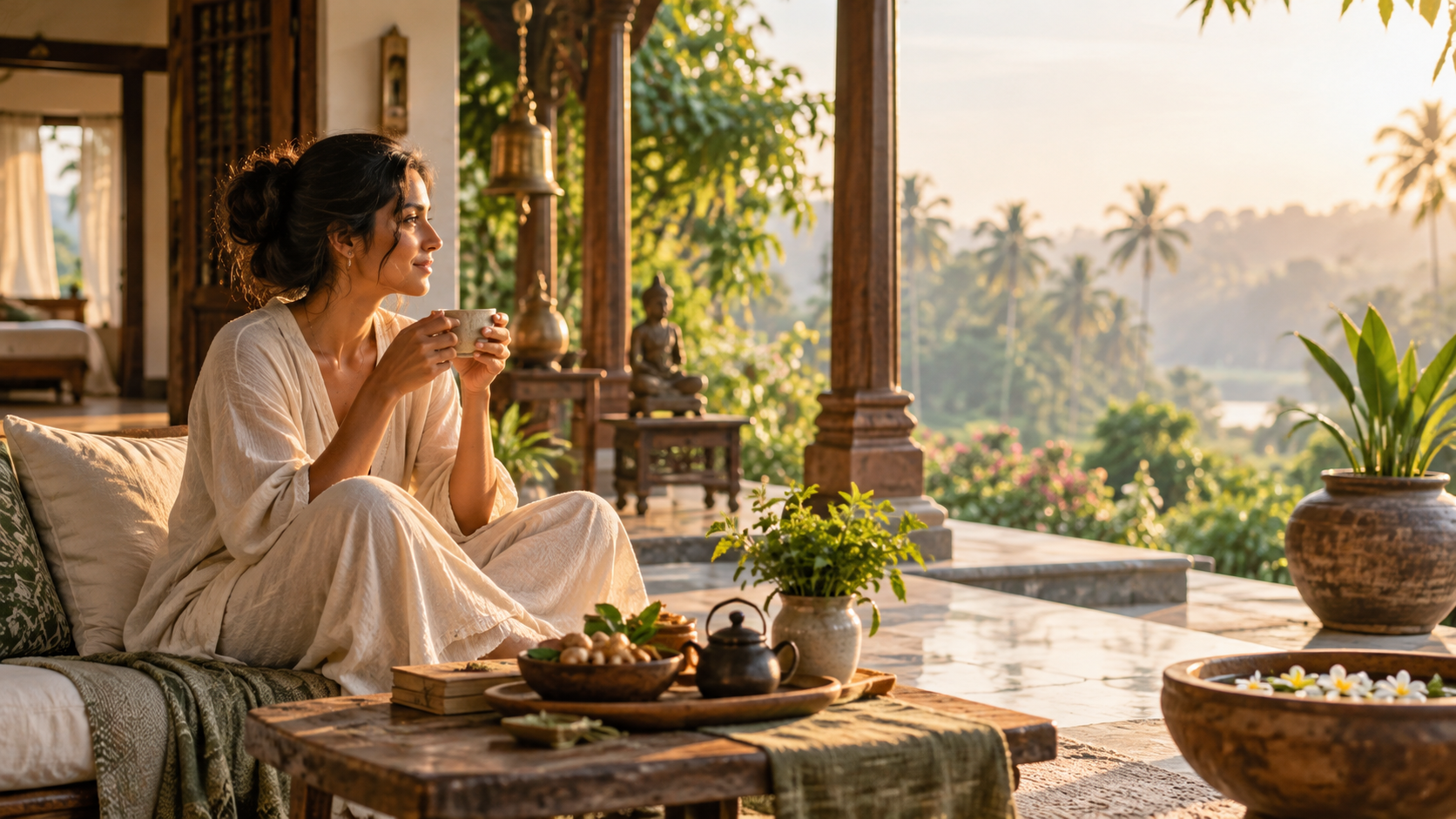 Woman enjoying tea in a calm, sunlit Ayurvedic interior