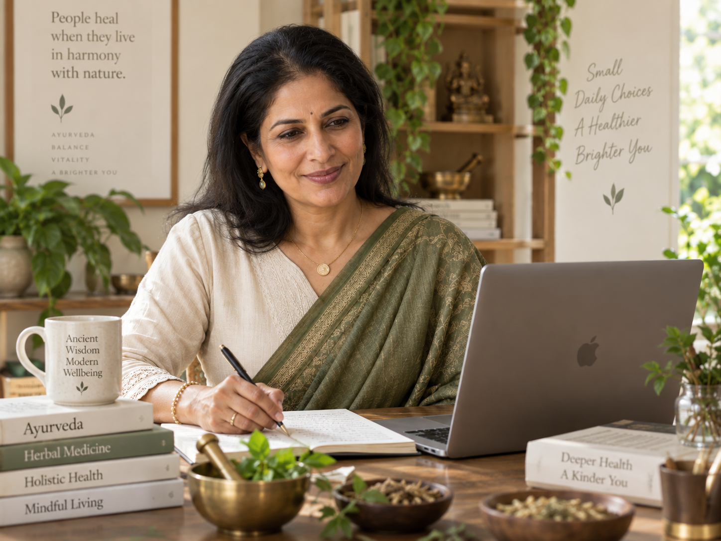 Ayurveda student learning at a desk with a laptop, books and herbs