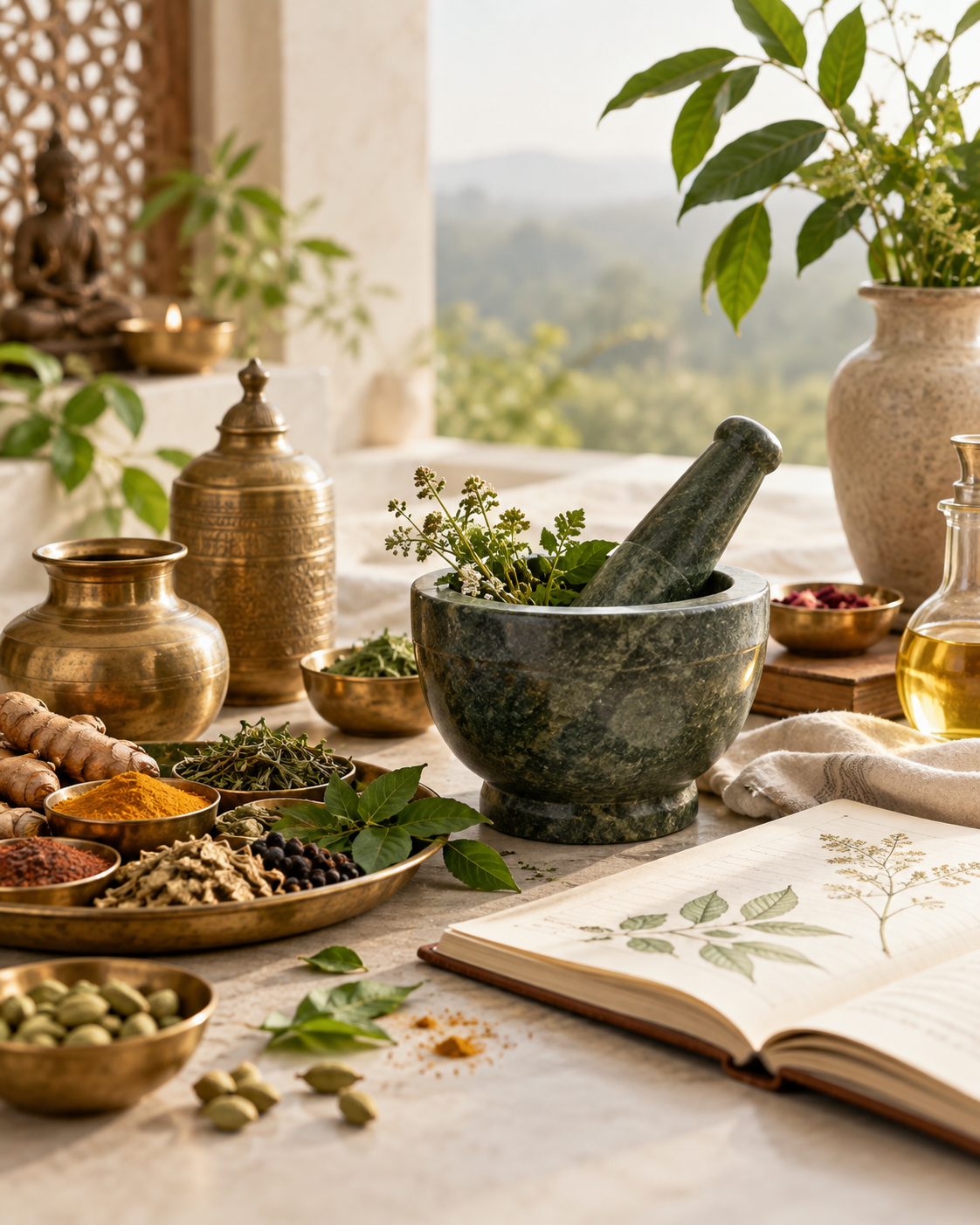 Ayurvedic herbs, spices, oils and traditional tools arranged beside a botanical notebook
