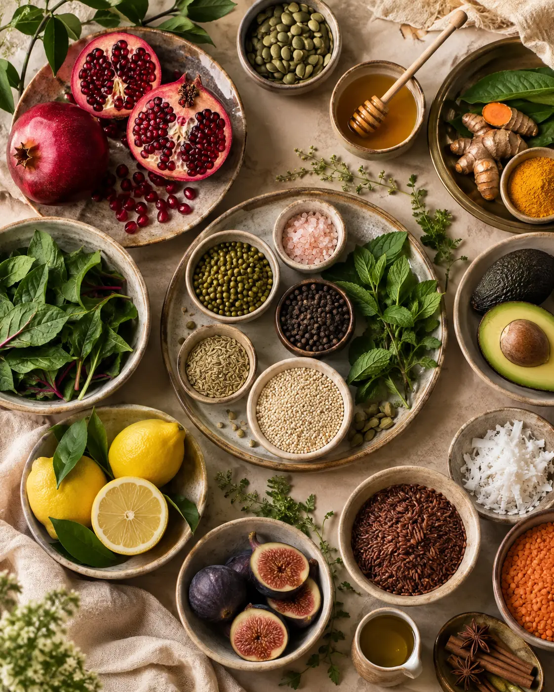 Colourful Ayurvedic foods, grains, spices, fruits and vegetables arranged in bowls