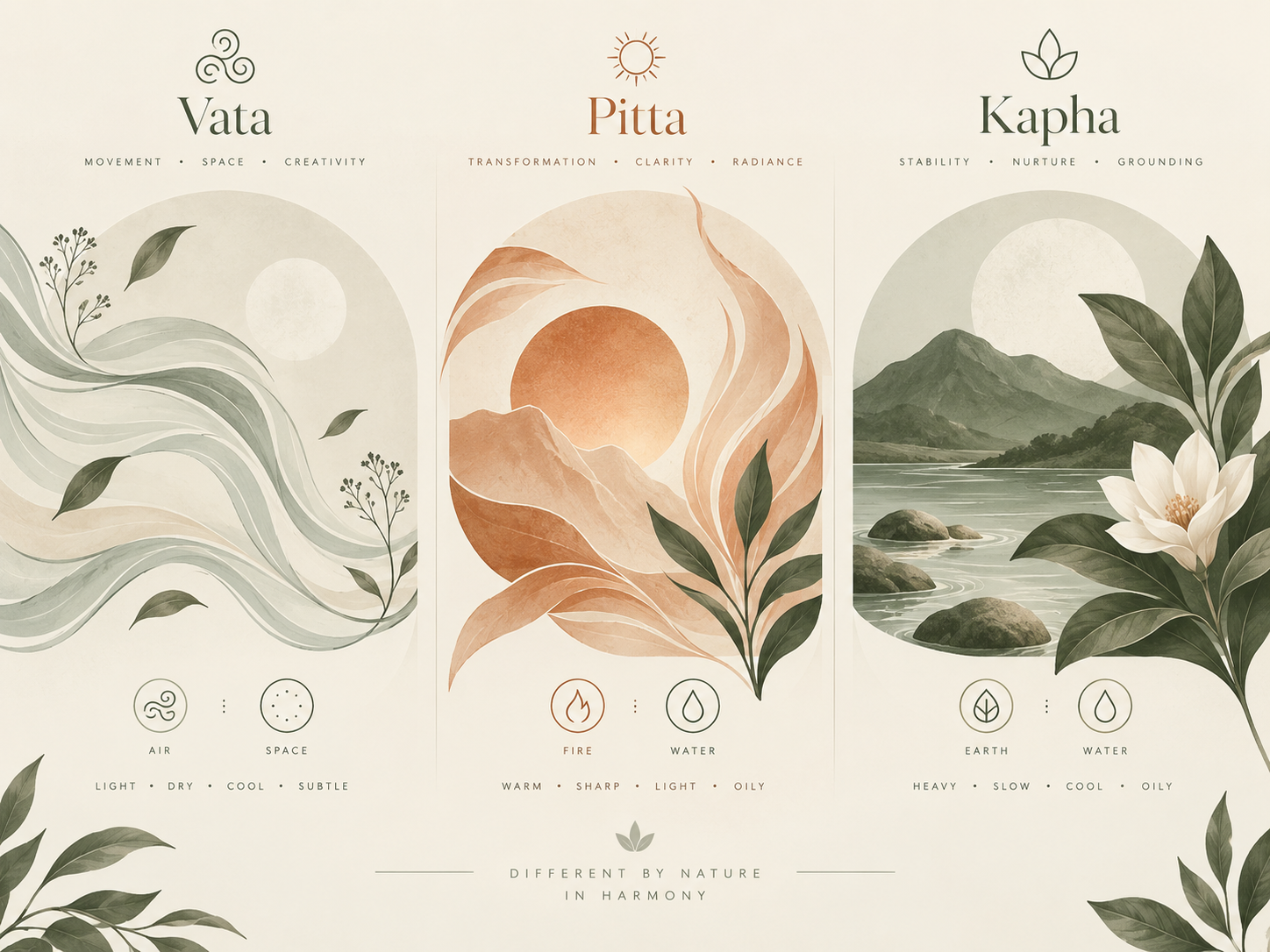 Illustrated comparison of Vata, Pitta and Kapha with their elemental qualities