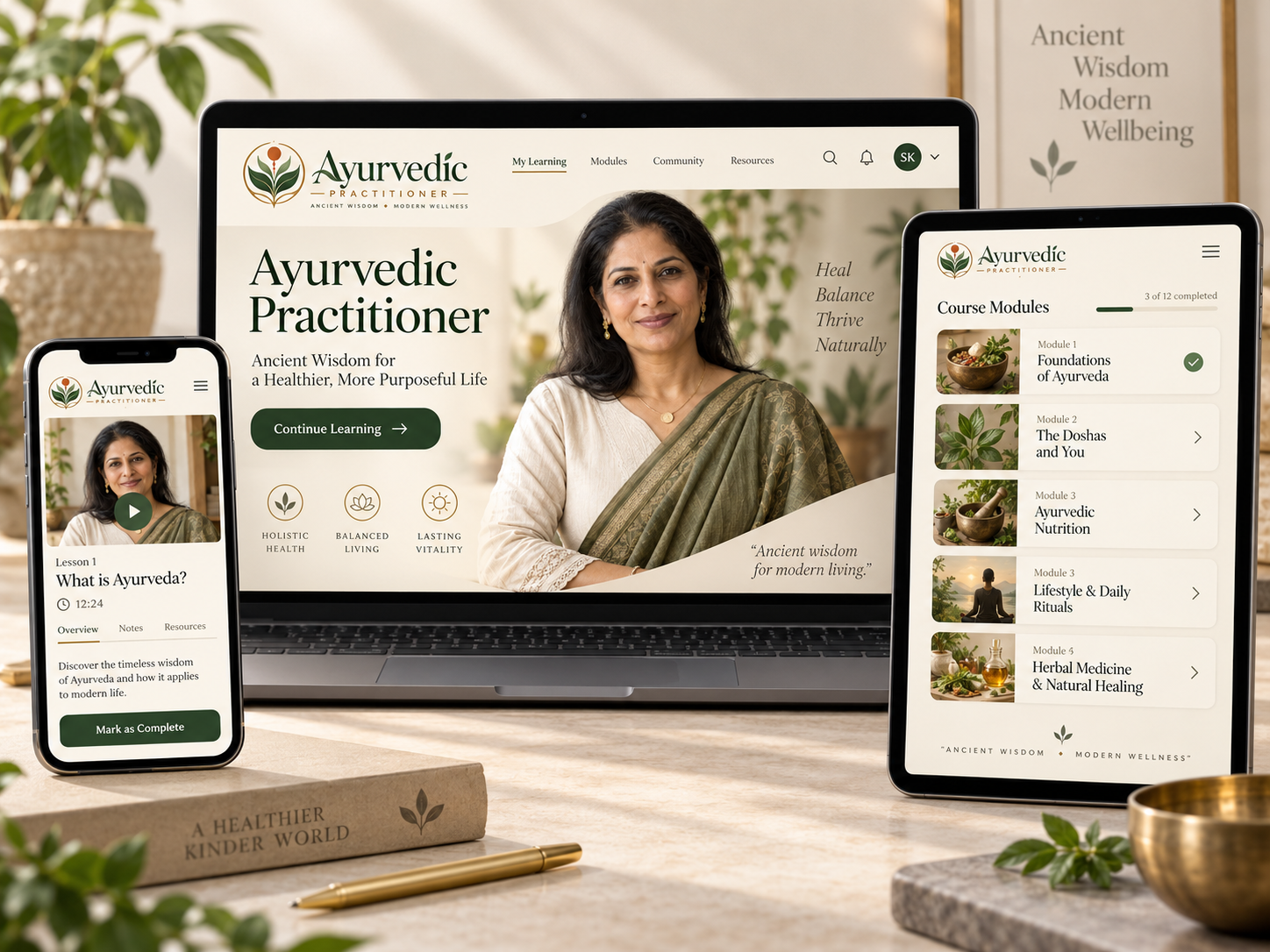 Ayurvedic Practitioner course displayed on a laptop, tablet and phone