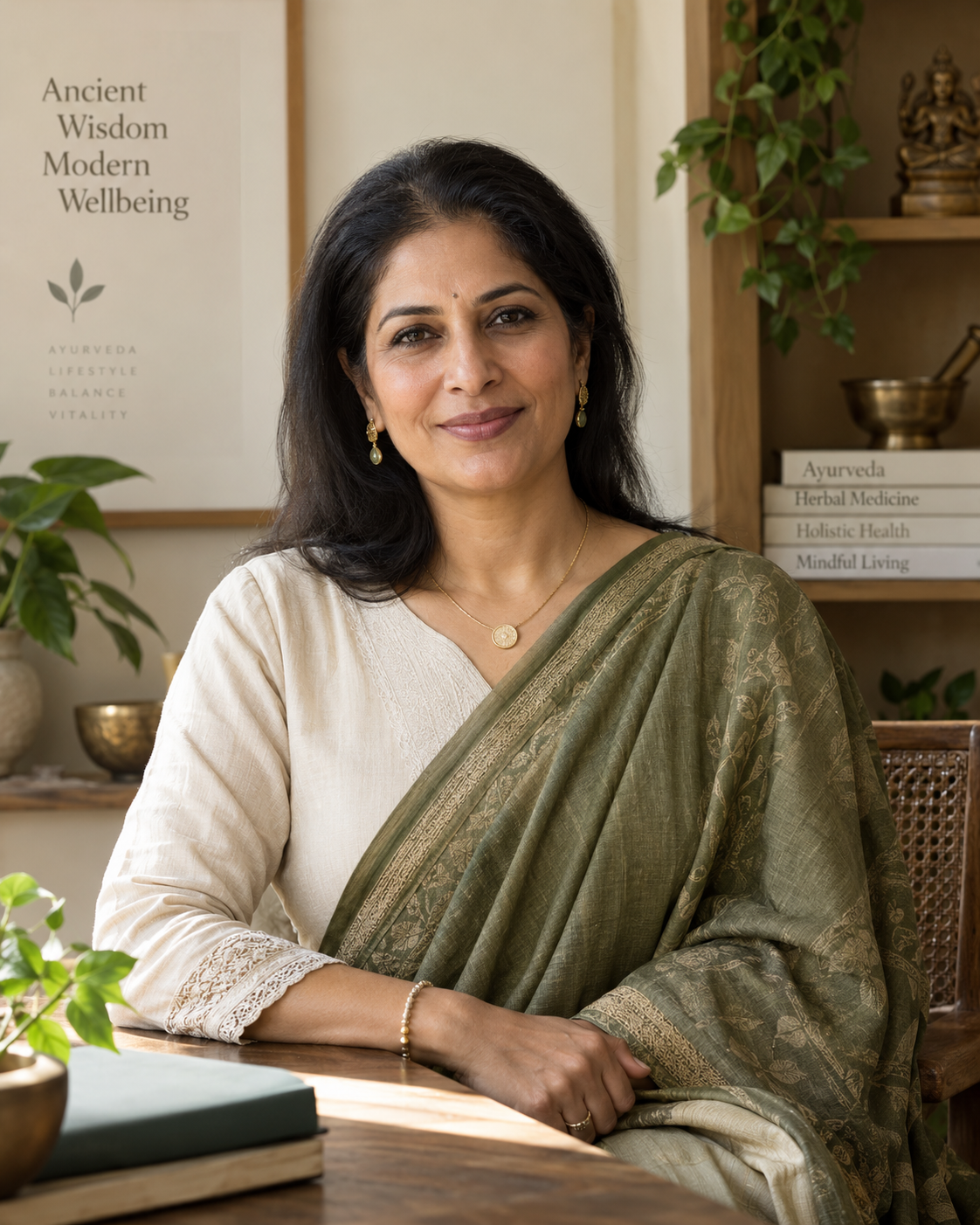 Anaya Mehta, Ayurveda educator and course creator, seated in her botanical study